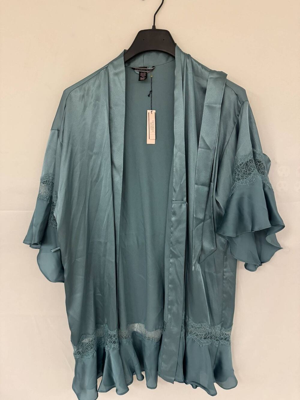 Victoria's Secret Satin Robe Womens XS/S Teal Blue Lace Trim Kimono Loungewear